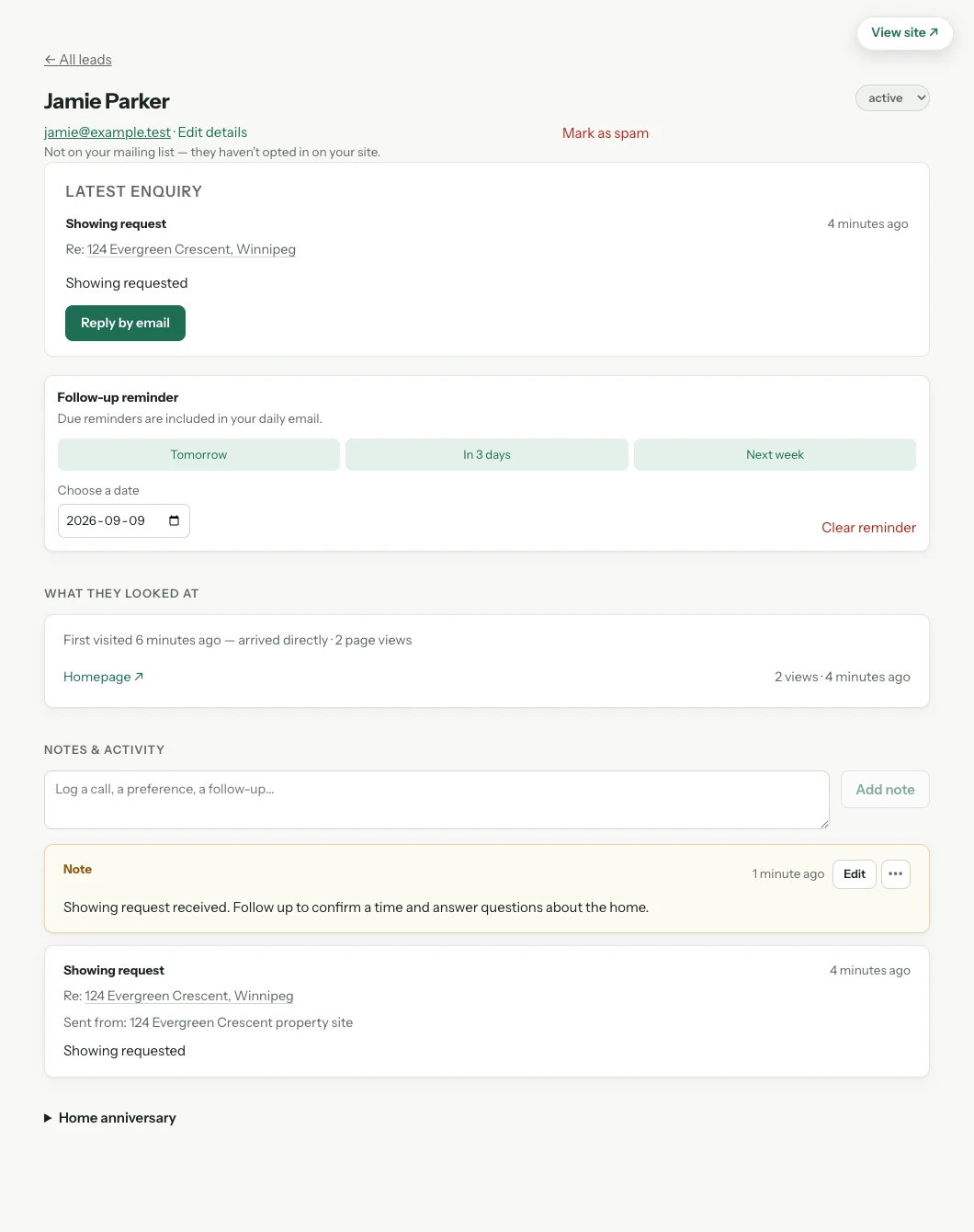 The sample buyer's enquiry in the actual REALsite CRM, with a saved note and follow-up reminder