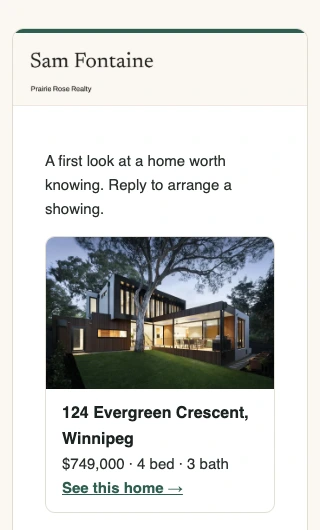 An excerpt from Sam’s finished newsletter, featuring 124 Evergreen Crescent