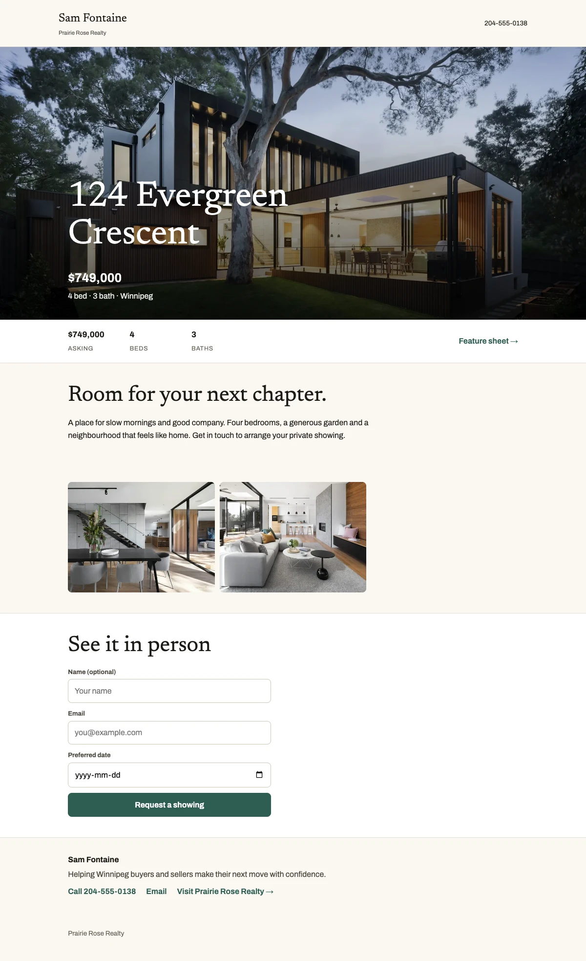 REALsite property website for the fictional 124 Evergreen Crescent, presented by Sam Fontaine