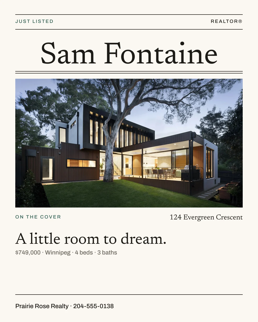Actual social image export with the sample property's photo, price and Sam's contact details