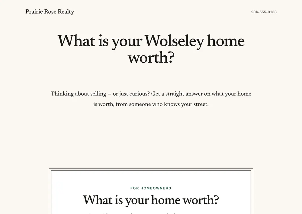 A sample landing page with an introduction and home valuation enquiry form